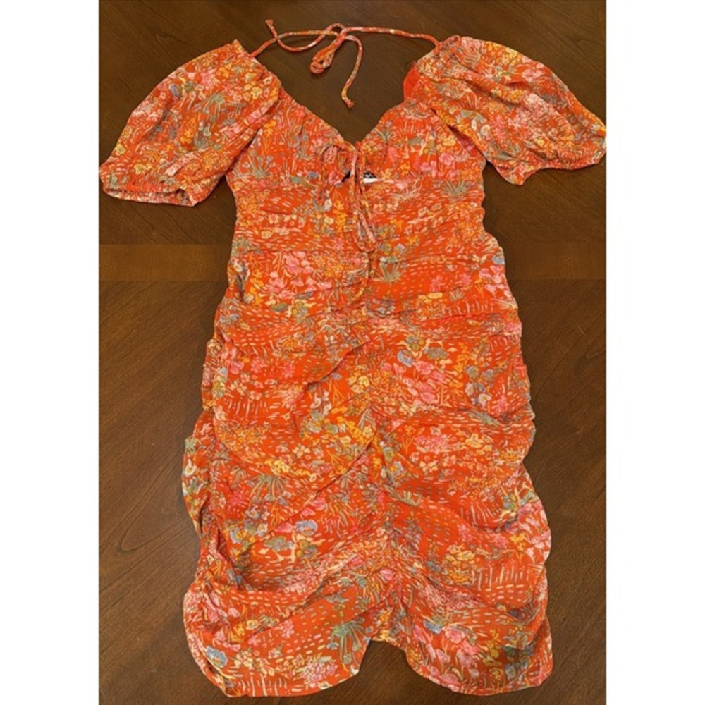 Sky to Moon Dress Women's Sz S Red Floral Ruched Puff‎ Sleeve Mini Boho Chic